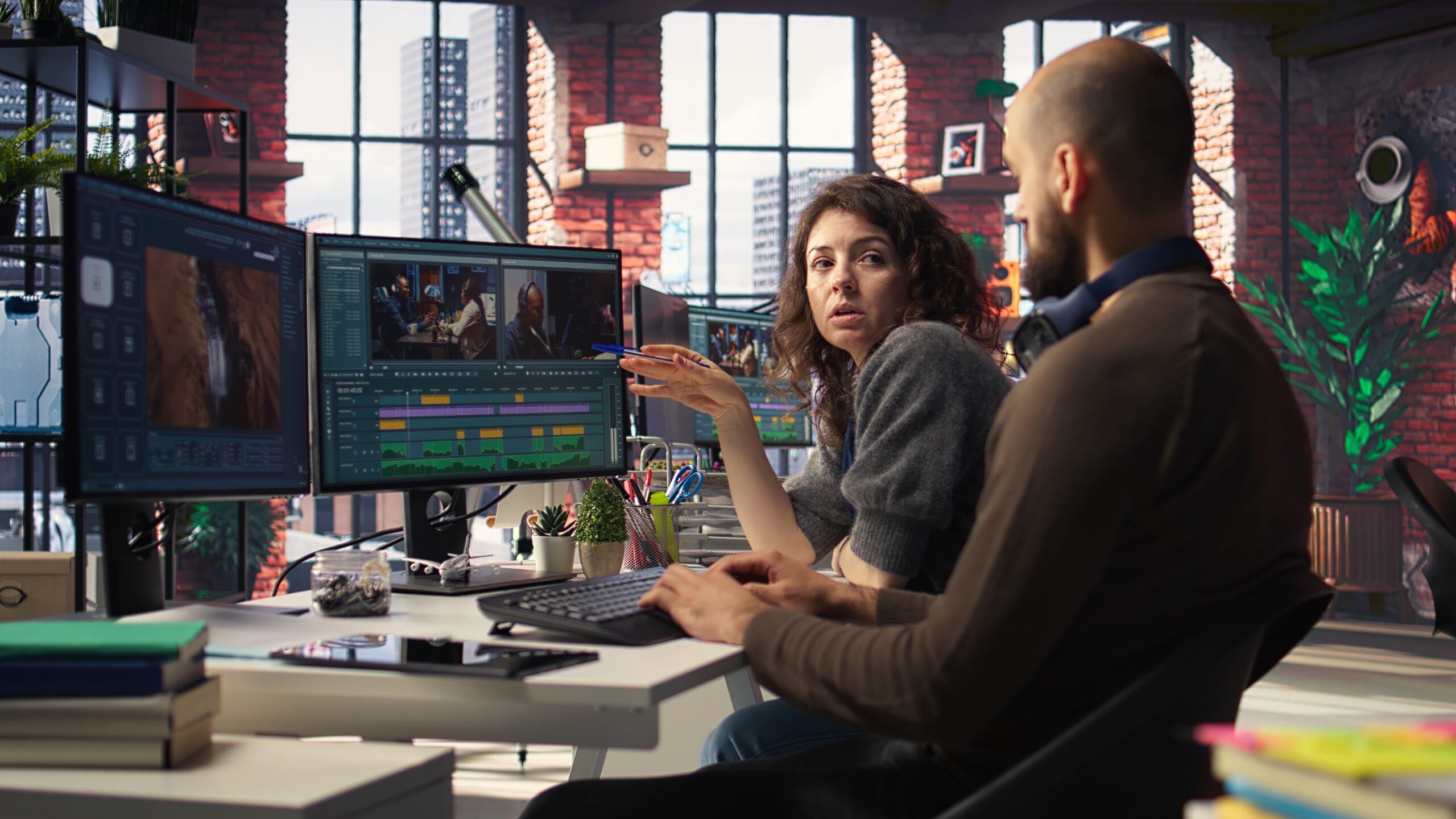 Man and woman filmmakers editing video shoot in post production
